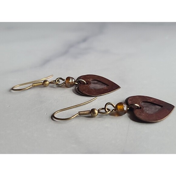 Two Tone Metal Heart Shaped Dangling Pierced Earrings Vintage - Picture 7 of 10